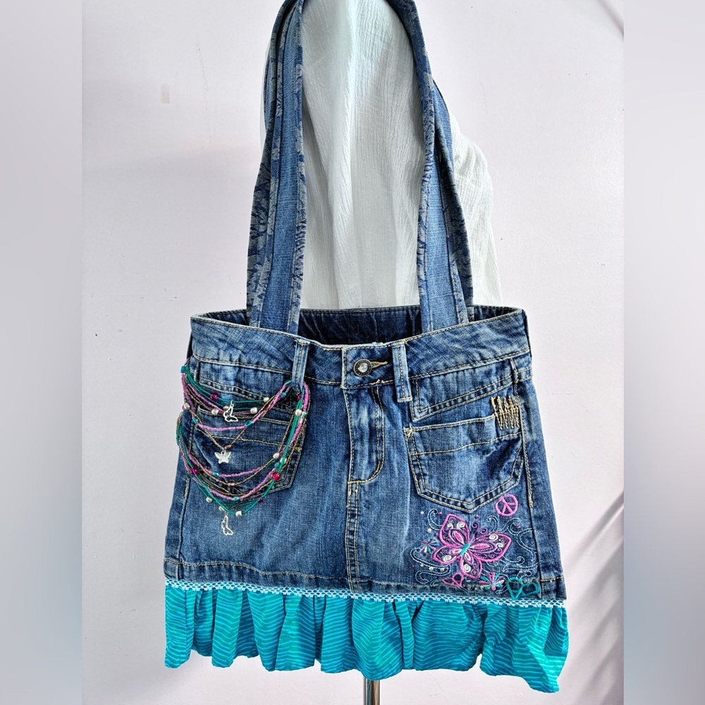 Handmade/Upcycled Denim Shoulder Bag, Boho/Hippie, Casual, Embroidered
